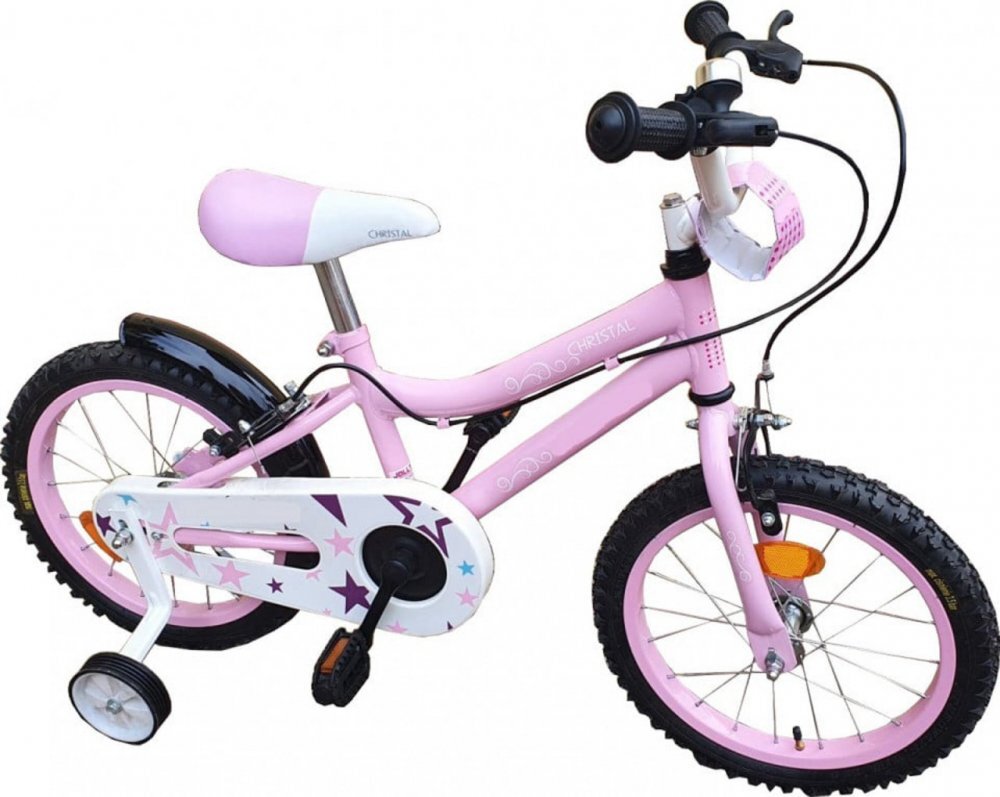 Novokids Bicicleta pentru copii Crystal Bike Roz Roti 16 inch Maxim 35 kg Cadru din otel Roti ajutatoare Ghidon si sa reglabile pe inaltime