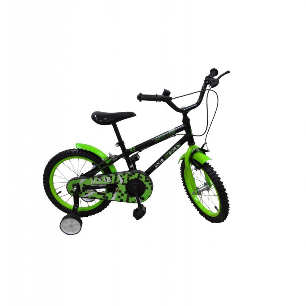 Novokids Bicicleta pentru copii My first Bike Verde Negru roti 16 inch greutate admisa 35 kg cadru din otel roti ajutatoare ghidon reglabil pe inaltime