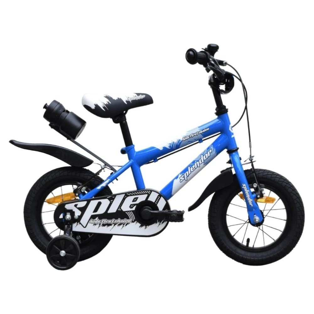 Novokids Bicicleta pentru copii SplendOr Boom Pro Edition Albastru Cu bidon pentru apa Roti 12 inch Greutate admisa 50 kg Cadru din otel Roti ajutatoare detasabile Ghidon reglabil pe inaltime