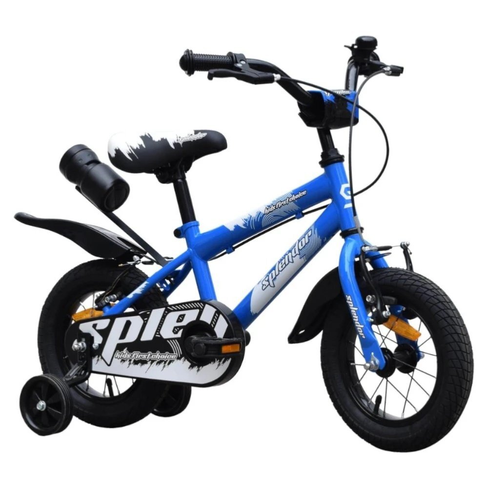 Novokids Bicicleta pentru copii SplendOr Boom Pro Edition Albastru Cu bidon pentru apa Roti 12 inch Greutate admisa 50 kg Cadru din otel Roti ajutatoare detasabile Ghidon reglabil pe inaltime