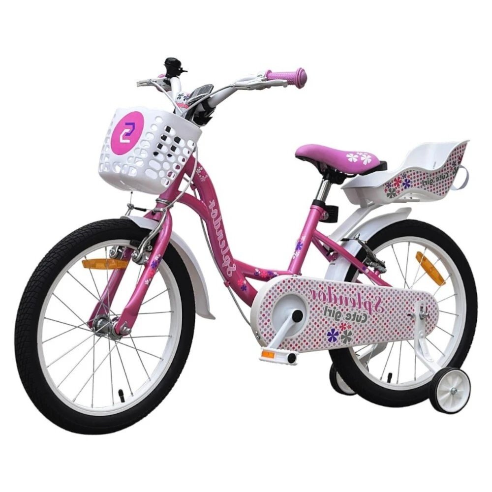 Novokids Bicicleta pentru copii SplendOr Boom PRO Edition Roz Cosulet pentru papusi Roti 16 inch Greutate admisa 50 kg Cadru din otel Roti ajutatoare detasabile Ghidon reglabil pe inaltime