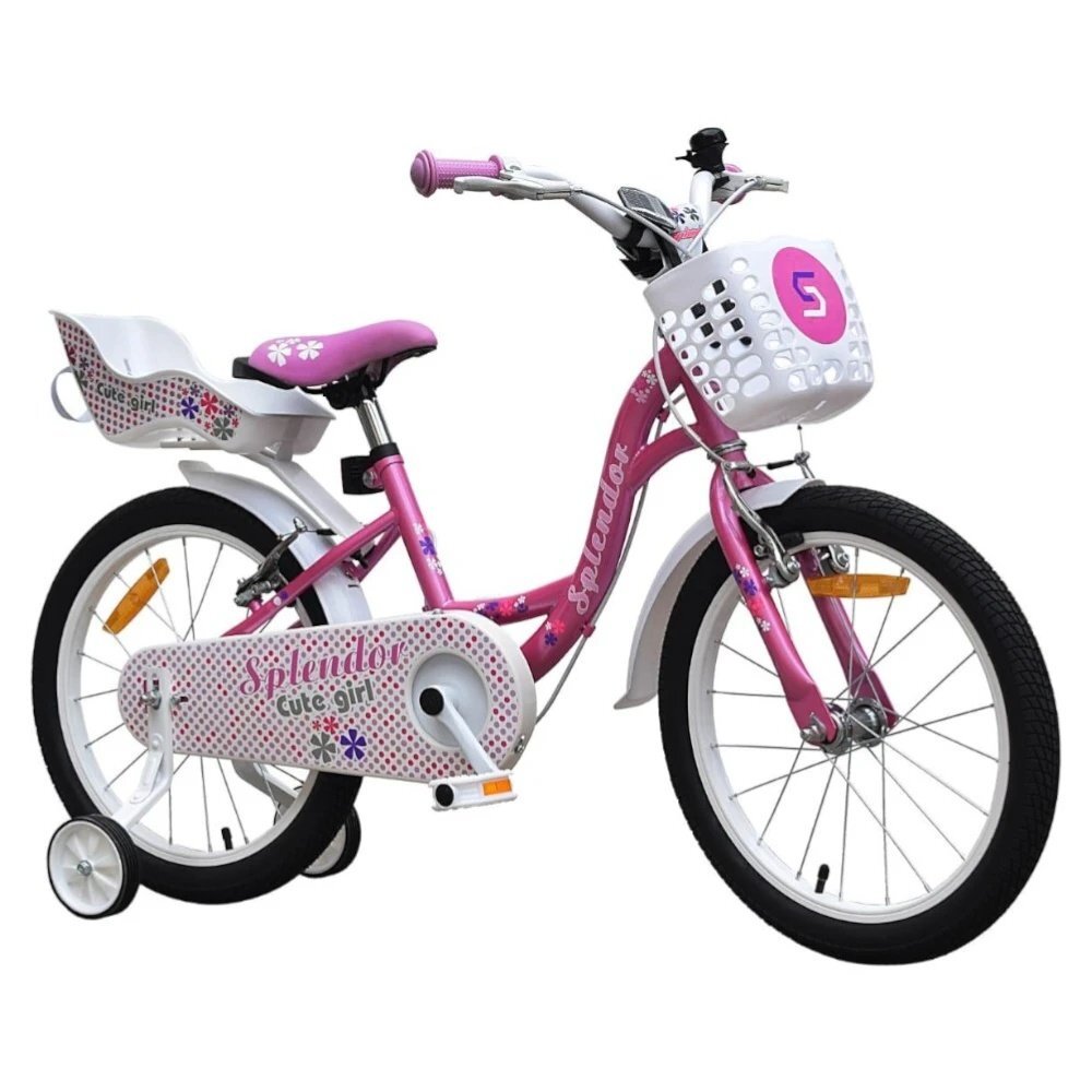 Novokids Bicicleta pentru copii SplendOr Boom PRO Edition Roz Cosulet pentru papusi Roti 16 inch Greutate admisa 50 kg Cadru din otel Roti ajutatoare detasabile Ghidon reglabil pe inaltime