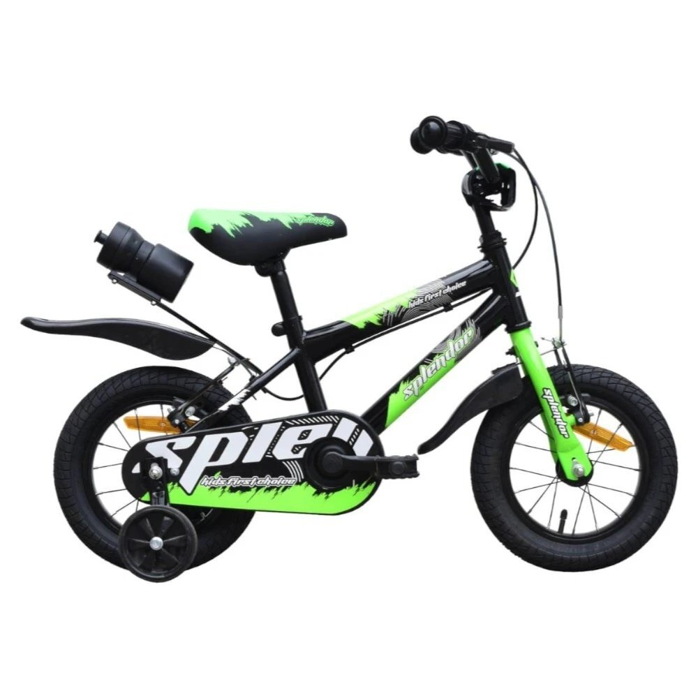 Novokids Bicicleta pentru copii SplendOr Boom Pro Edition Verde Cu bidon pentru apa Roti 12 inch Greutate admisa 50 kg Cadru din otel Roti ajutatoare detasabile Ghidon reglabil pe inaltime