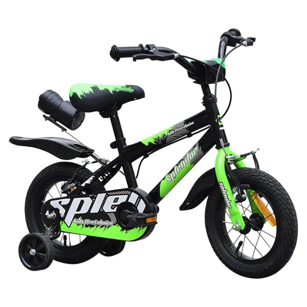 Novokids Bicicleta pentru copii SplendOr Boom Pro Edition Verde Cu bidon pentru apa Roti 12 inch Greutate admisa 50 kg Cadru din otel Roti ajutatoare detasabile Ghidon reglabil pe inaltime