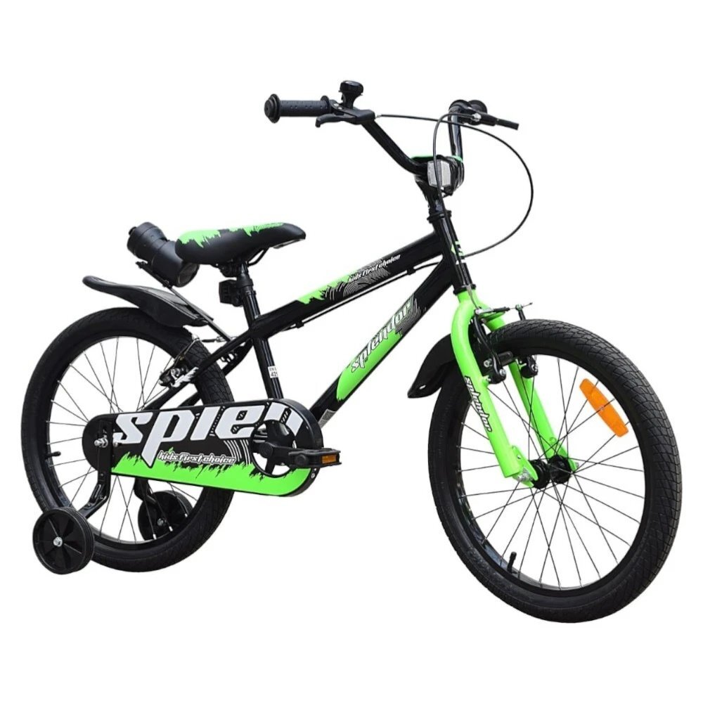 Novokids Bicicleta pentru copii SplendOr Boom PRO Edition Verde Cu bidon pentru apa Roti 18 inch Greutate admisa 50 kg Cadru din otel Roti ajutatoare detasabile Ghidon reglabil pe inaltime