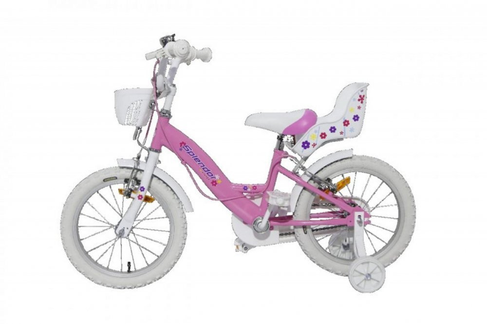 Novokids Bicicleta pentru copii SplendOr PRO Line Edition Roz Cosulet Roti 16 inch Maxim 35 kg Cadru din otel Roti ajutatoare detasabile Ghidon reglabil pe inaltime