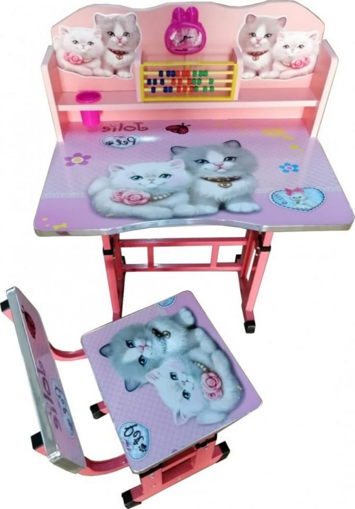 Novokids Birou pentru copii My first desk Pisicute Roz din MDF cu jucarii interactive dimensiuni 68x43x65 cadru metalic