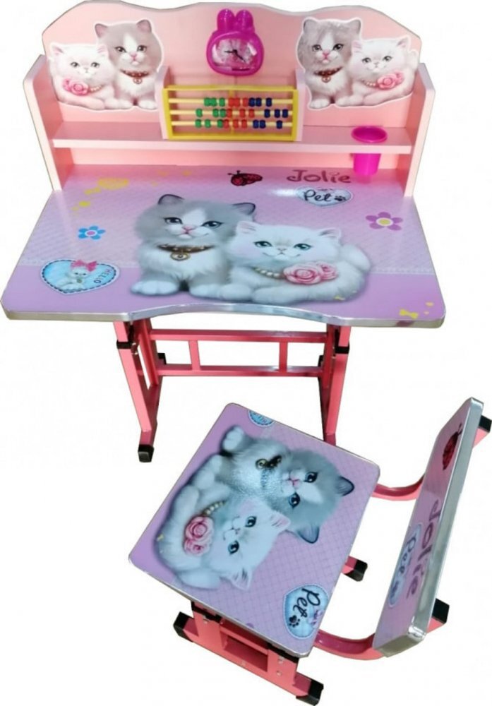 Novokids Birou pentru copii My first desk Pisicute Roz din MDF cu jucarii interactive dimensiuni 68x43x65 cadru metalic