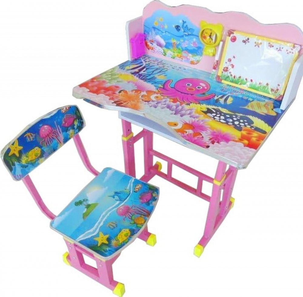 Novokids Birou pentru copii My first desk Roz Albastru din MDF cu jucarii interactive dimensiuni 68X43X65 cadru metalic