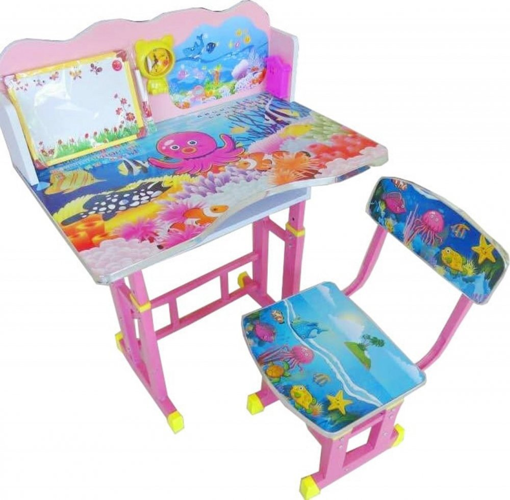 Novokids Birou pentru copii My first desk Roz Albastru din MDF cu jucarii interactive dimensiuni 68X43X65 cadru metalic