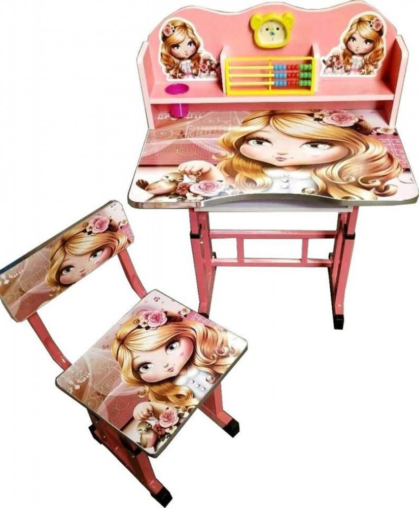 Novokids Birou pentru copii My first desk Roz Princess din MDF cu jucarii interactive dimensiuni 68x43x65 cadru metalic