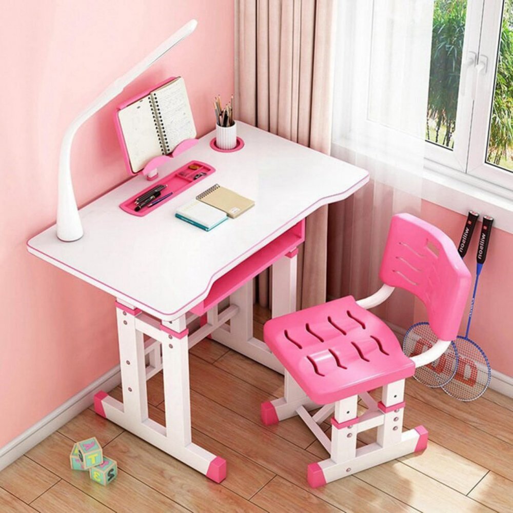 Novokids Birou pentru copii Premium desk RozAlb din MDF cu lampa inclusa dimensiuni 80x50x70 cm cadru metalic