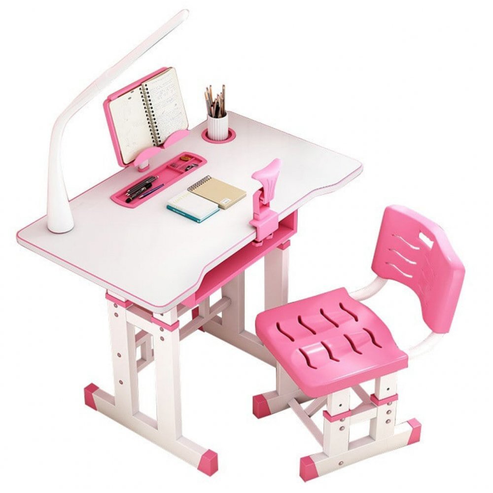 Novokids Birou pentru copii Premium desk RozAlb din MDF cu lampa inclusa dimensiuni 80x50x70 cm cadru metalic