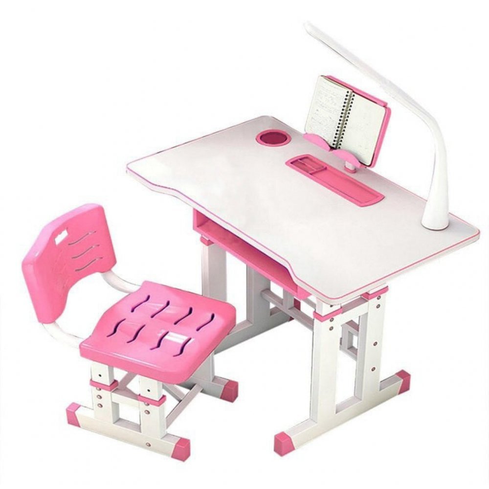 Novokids Birou pentru copii Premium desk RozAlb din MDF cu lampa inclusa dimensiuni 80x50x70 cm cadru metalic