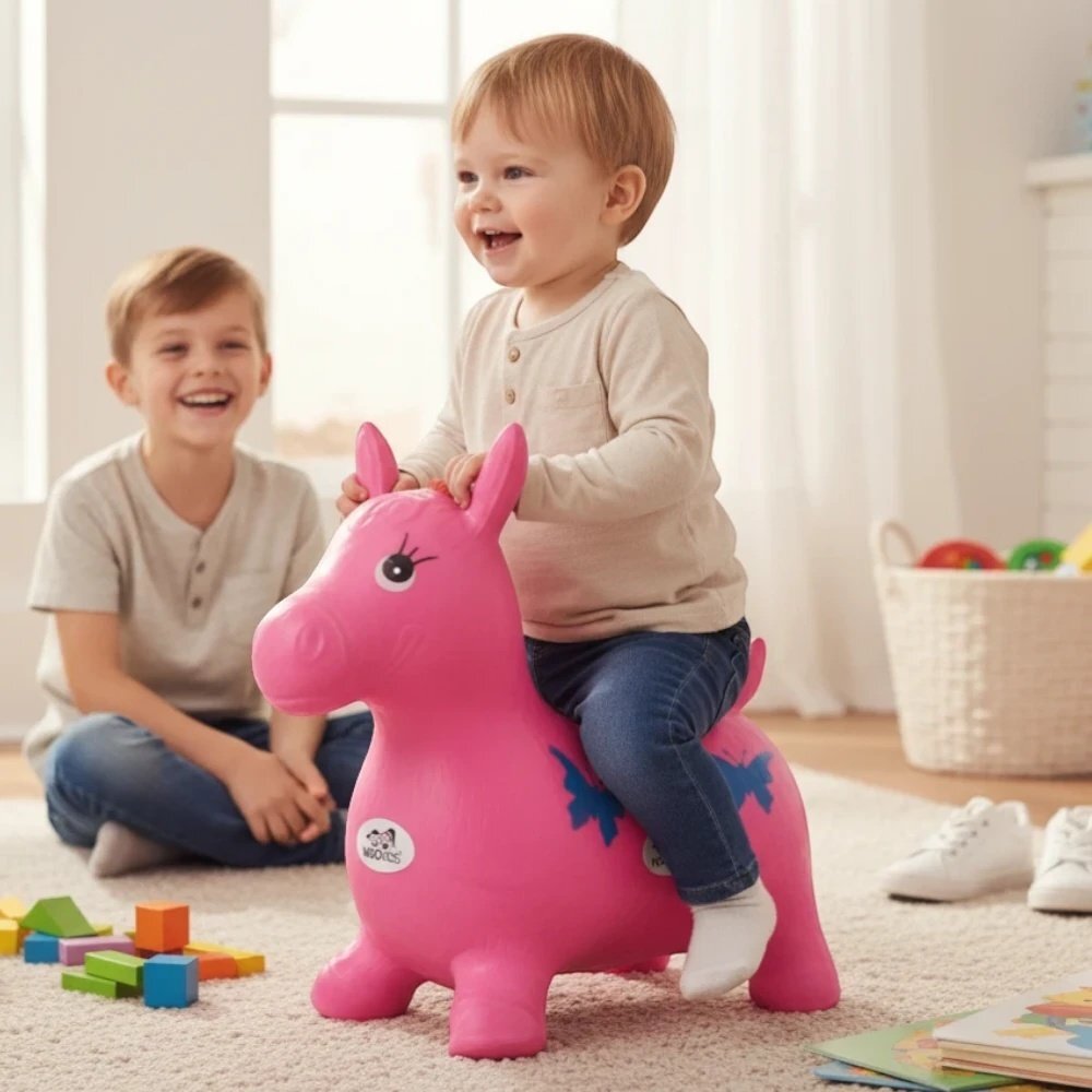 Novokids Calut de sarit gonflabil Jumping Donkey cu sunete si lumini 55x50x25 cm rosugri