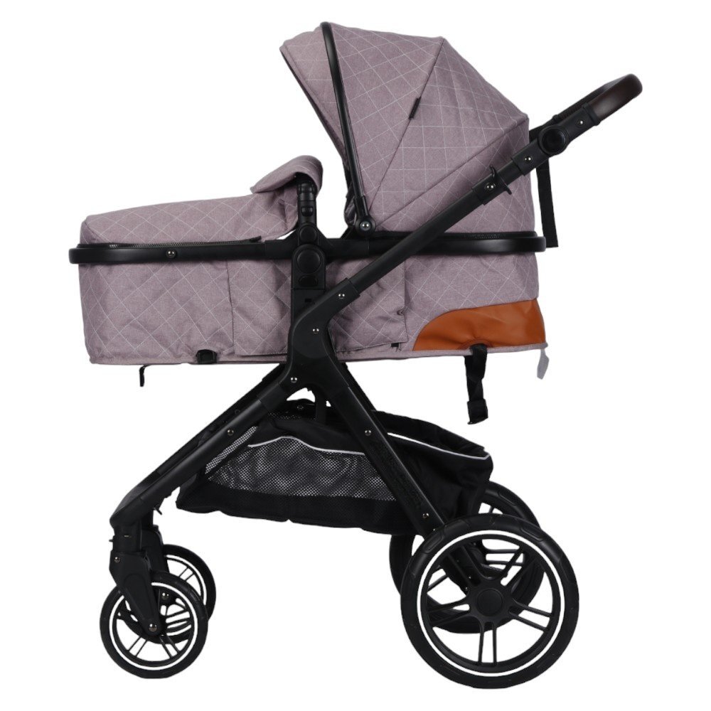 Novokids Carucior pentru copii X1000 series Beige 3 in 1 reversibil cu geanta bebe cadru aluminiu amortizoare roti din cauciuc landou scoica auto spatar reglabil 3 trepte plasa insecte