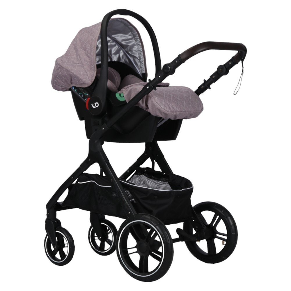 Novokids Carucior pentru copii X1000 series Beige 3 in 1 reversibil cu geanta bebe cadru aluminiu amortizoare roti din cauciuc landou scoica auto spatar reglabil 3 trepte plasa insecte