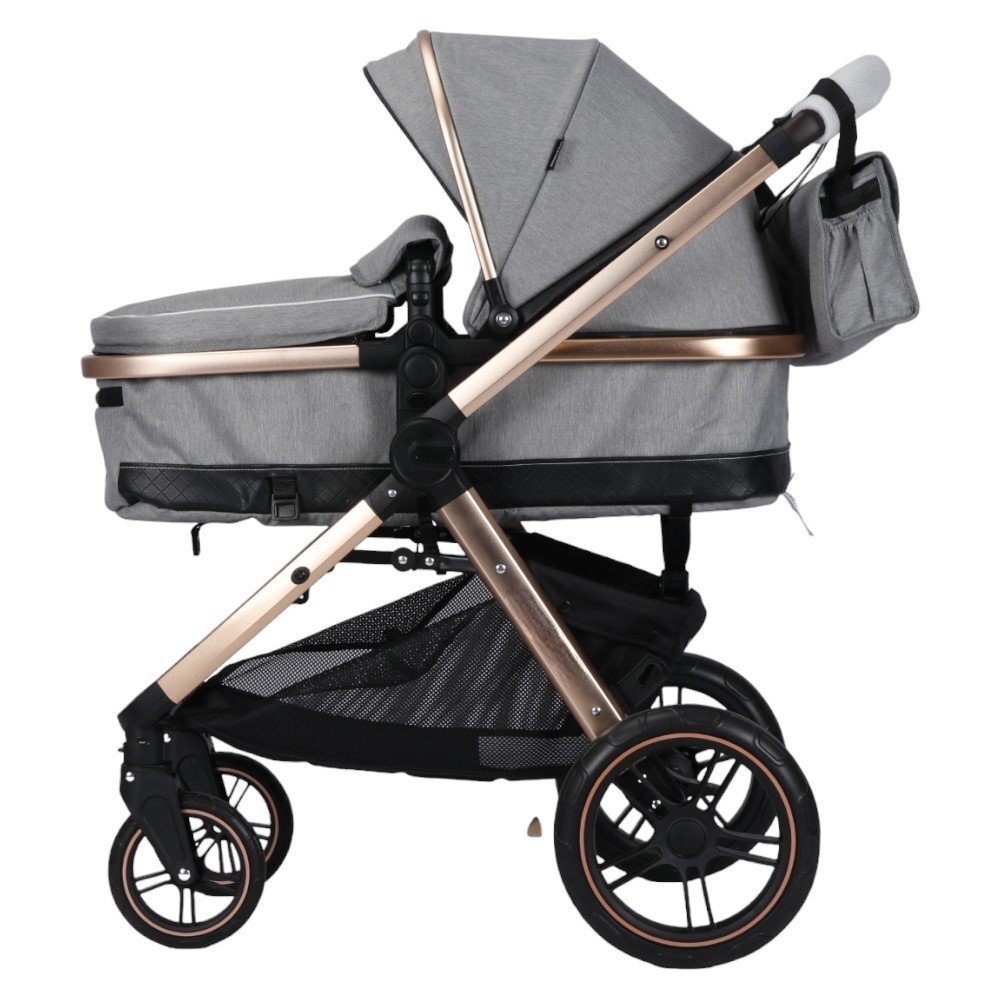 Novokids Carucior pentru copii X2000 series Gri 2 in 1 cu spatar reglabil reversibil landou geanta cadru aluminiu gold amortizoare roti din cauciuc plin plasa insecte