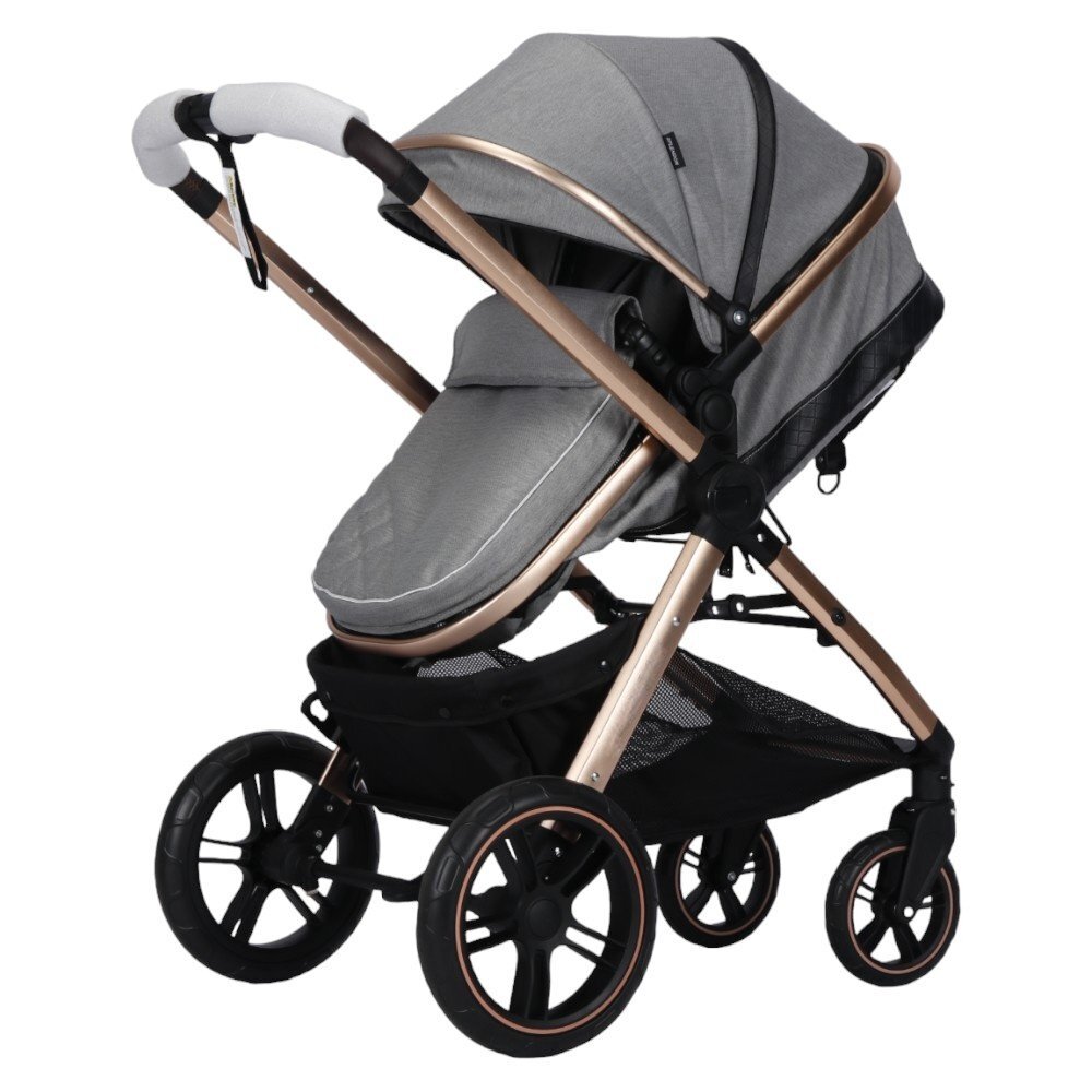 Novokids Carucior pentru copii X2000 series Gri 2 in 1 cu spatar reglabil reversibil landou geanta cadru aluminiu gold amortizoare roti din cauciuc plin plasa insecte