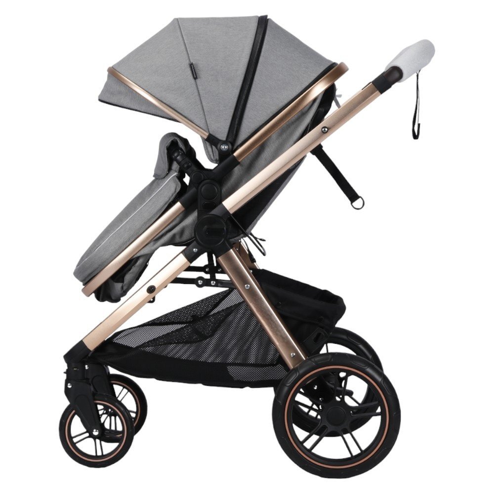 Novokids Carucior pentru copii X2000 series Gri 2 in 1 cu spatar reglabil reversibil landou geanta cadru aluminiu gold amortizoare roti din cauciuc plin plasa insecte
