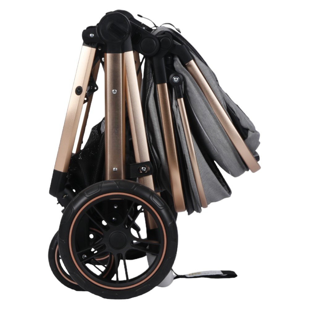 Novokids Carucior pentru copii X2000 series Gri 2 in 1 cu spatar reglabil reversibil landou geanta cadru aluminiu gold amortizoare roti din cauciuc plin plasa insecte
