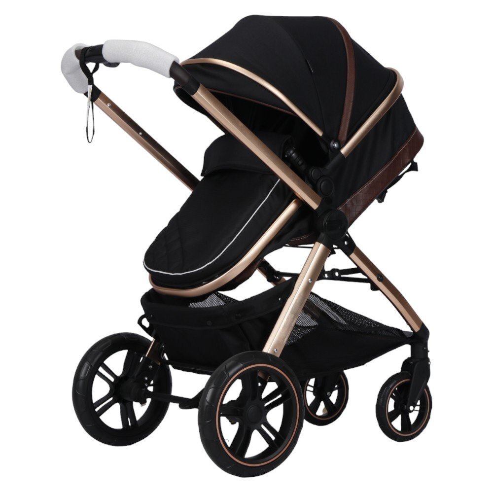 Novokids Carucior pentru copii X2000 series Negru 2 in 1 cu spatar reglabil reversibil landou geanta cadru aluminiu gold amortizoare roti din cauciuc plin plasa insecte