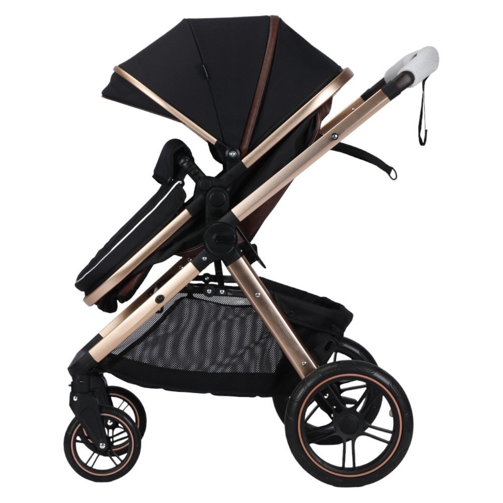 Novokids Carucior pentru copii X2000 series Negru 2 in 1 cu spatar reglabil reversibil landou geanta cadru aluminiu gold amortizoare roti din cauciuc plin plasa insecte