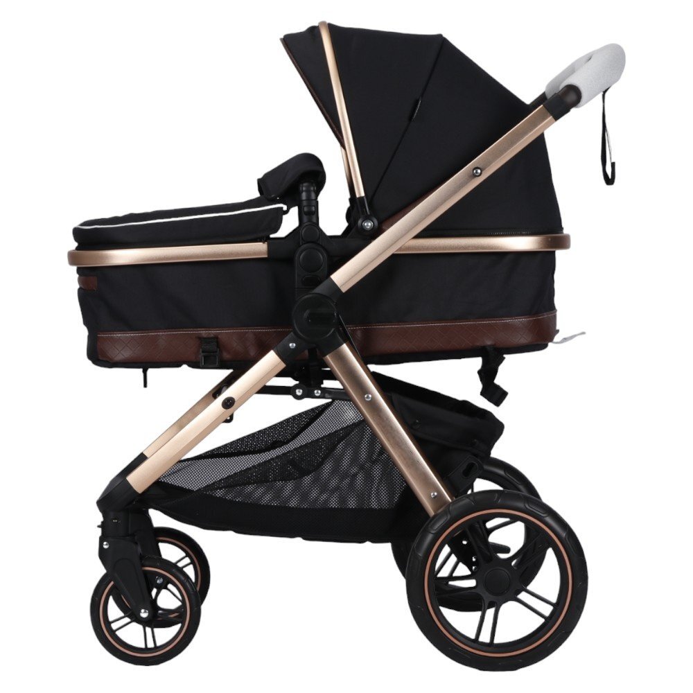Novokids Carucior pentru copii X2000 series Negru 3 in 1 spatar reglabil reversibil landou geanta cadru aluminiu Gold amortizoare roti din cauciuc scoica auto plasa insecte