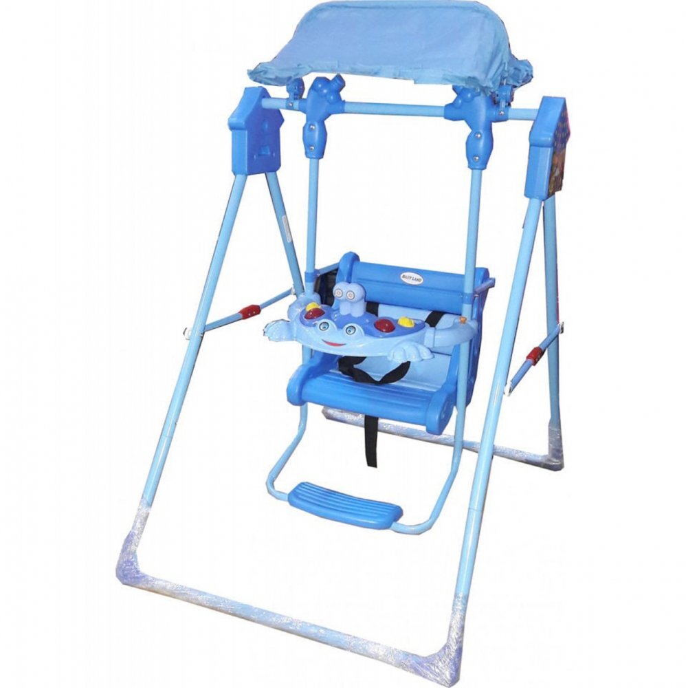 Novokids Leagan pentru copii Broscuta Albastru pentru interior si exterior Cu melodii si lumini Suport picioare Centura de siguranta