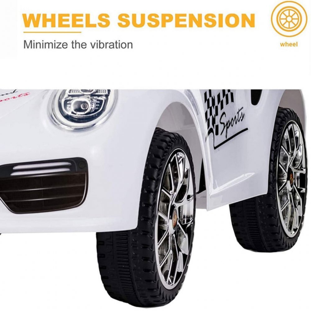 Novokids Masinuta electrica pentru copii Beetle Mini Car Alb cu acumulator telecomanda melodii si lumini greutate suportata 30 kg usi cu deschidere 2 viteze MP3