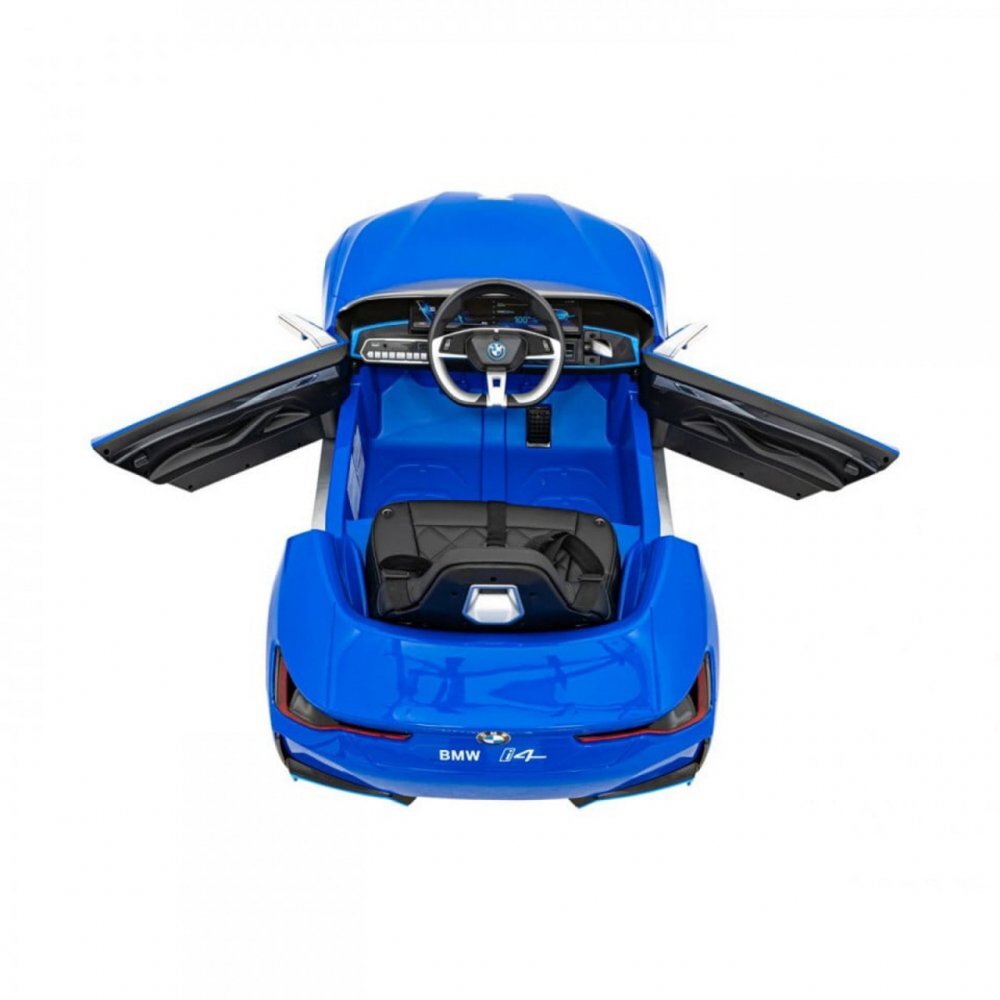 Novokids Masinuta electrica pentru copii BMW I4 cu telecomanda roti din cauciuc EVA max 30 kg usi cu deschidere 3 viteze Albastru