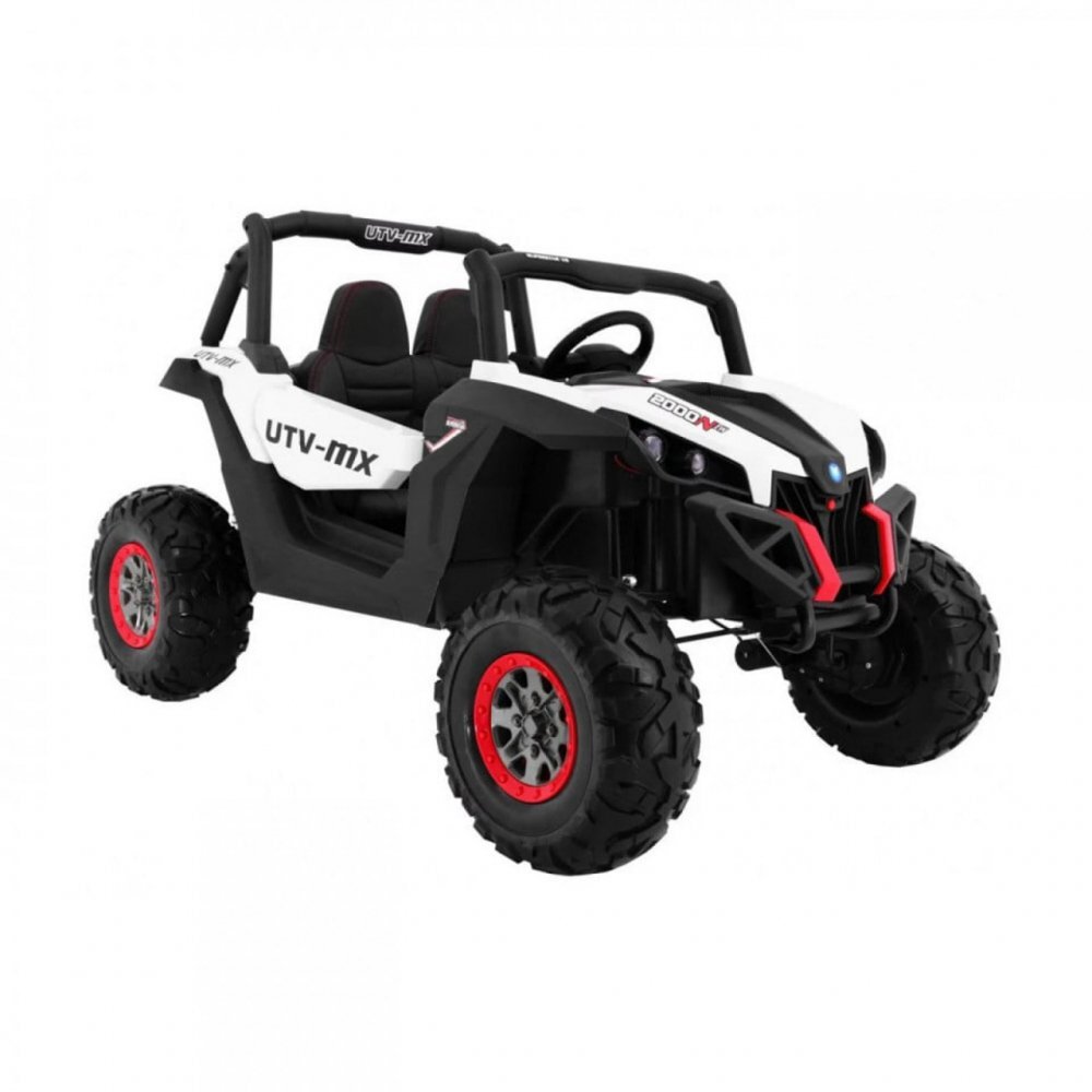 Novokids Masinuta electrica pentru copii Buggy UTV 2 locuri faruri luminoase roti din cauciuc EVA max 50 kg 2 baterii de 12V Mp3USB 2 viteze model Offroad AlbNegru