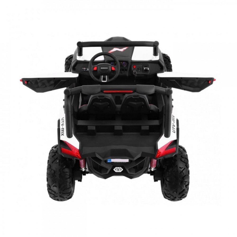 Novokids Masinuta electrica pentru copii Buggy UTV 2 locuri faruri luminoase roti din cauciuc EVA max 50 kg 2 baterii de 12V Mp3USB 2 viteze model Offroad AlbNegru