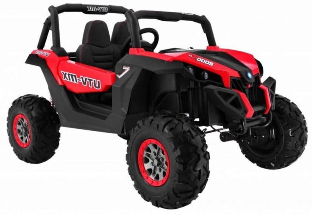 Novokids Masinuta electrica pentru copii Buggy UTV 2 locuri faruri luminoase roti din cauciuc EVA max 50 kg 2 baterii de 12V Mp3USB 2 viteze model Offroad RosuNegru