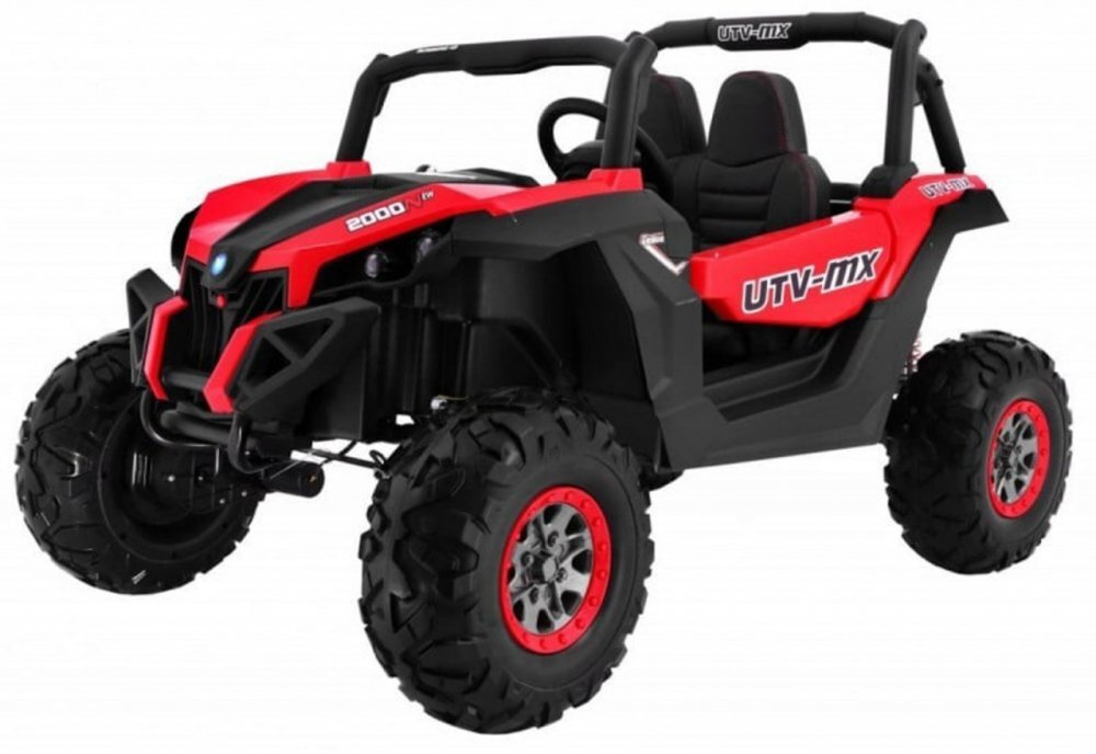Novokids Masinuta electrica pentru copii Buggy UTV 2 locuri faruri luminoase roti din cauciuc EVA max 50 kg 2 baterii de 12V Mp3USB 2 viteze model Offroad RosuNegru