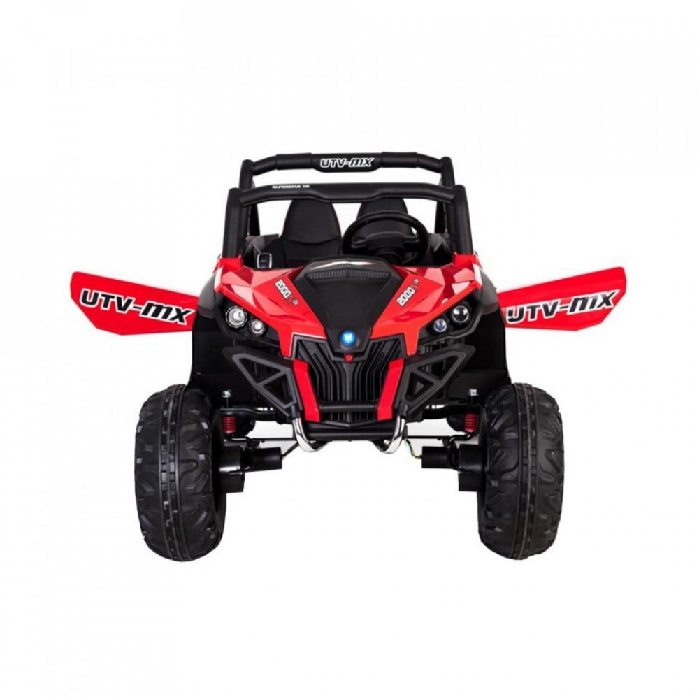 Novokids Masinuta electrica pentru copii Buggy UTV 2 locuri faruri luminoase roti din cauciuc EVA max 50 kg 2 baterii de 12V Mp3USB 2 viteze model Offroad RosuNegru