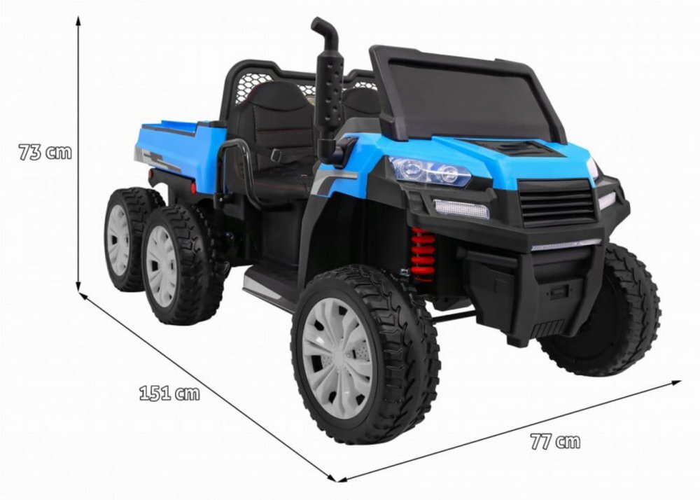 Novokids Masinuta electrica pentru copii Farmer Beast Buggy Albastru 6 roti 2 locuri remorca si faruri luminoase roti din cauciuc EVA max 60 kg 24V