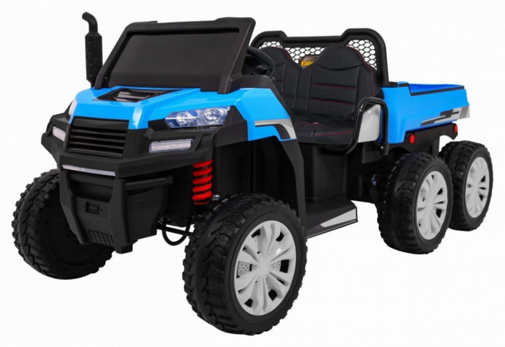 Novokids Masinuta electrica pentru copii Farmer Beast Buggy Albastru 6 roti 2 locuri remorca si faruri luminoase roti din cauciuc EVA max 60 kg 24V