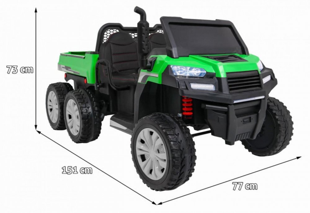 Novokids Masinuta electrica pentru copii Farmer Beast Buggy Verde 6 roti 2 locuri remorca si faruri luminoase roti din cauciuc EVA max 60 kg 24V