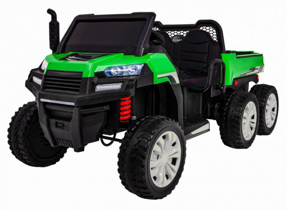 Novokids Masinuta electrica pentru copii Farmer Beast Buggy Verde 6 roti 2 locuri remorca si faruri luminoase roti din cauciuc EVA max 60 kg 24V