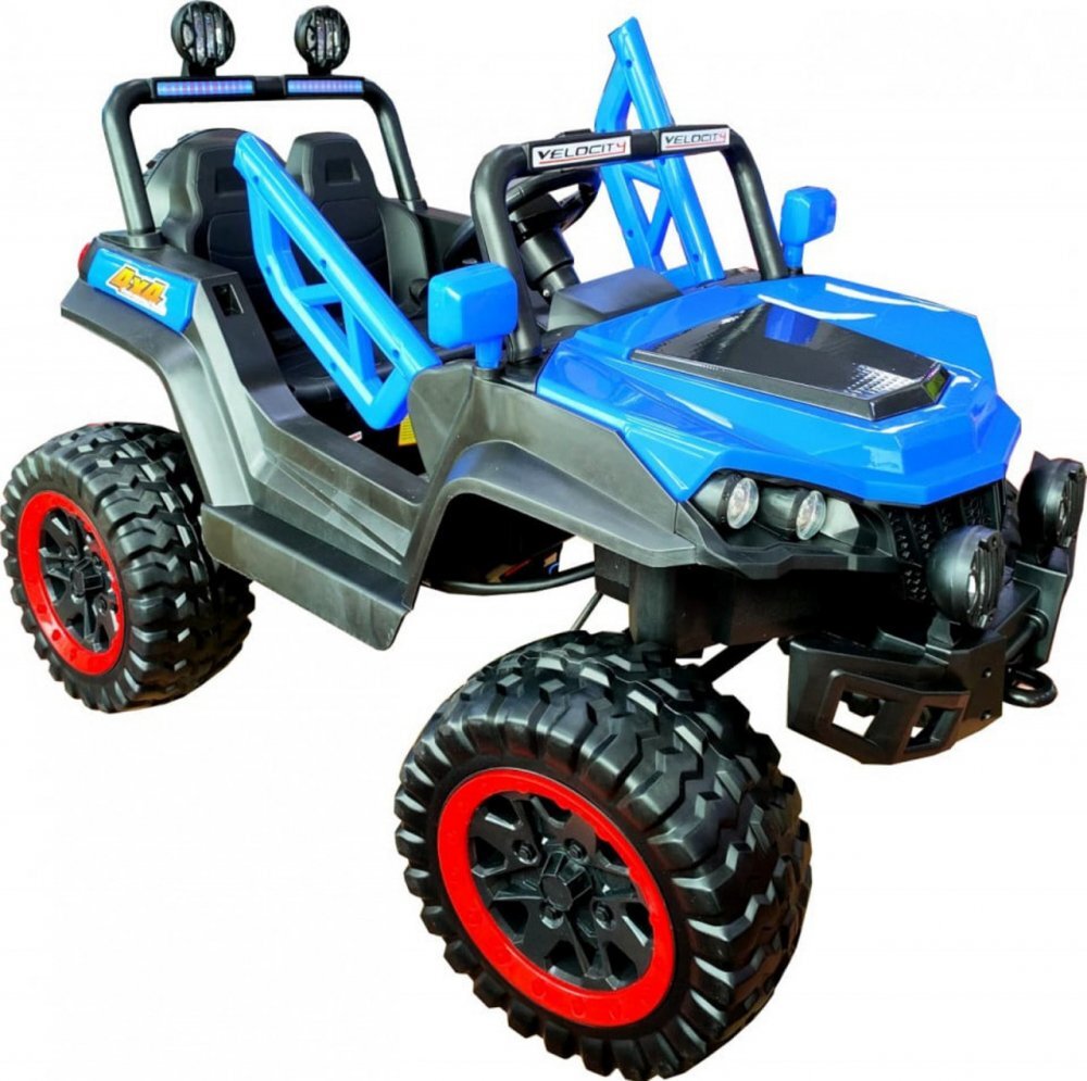 Novokids Masinuta electrica pentru copii M-Buggy UTV Albastru faruri luminoase roti din cauciuc Eva telecomanda maxim 30 kg 12V Mp3USB 2 viteze lungime 138 cm model Offroad