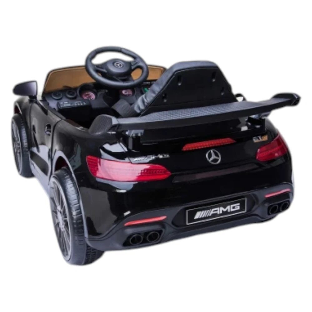 Novokids Masinuta electrica pentru copii Mercedes AMG GTR Negru 12V roti din cauciuc EVA usi cu deschidere 2 viteze 2 motoare 550 W