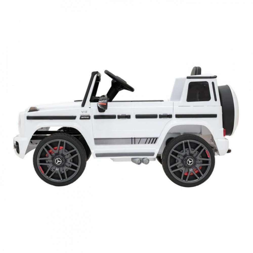 Novokids Masinuta electrica pentru copii Mercedes G63 AMG Alb roti din cauciuc Eva melodii si USB usi cu deschidere 12V 2 viteze lungime 120 cm 2 motoare de 25 W