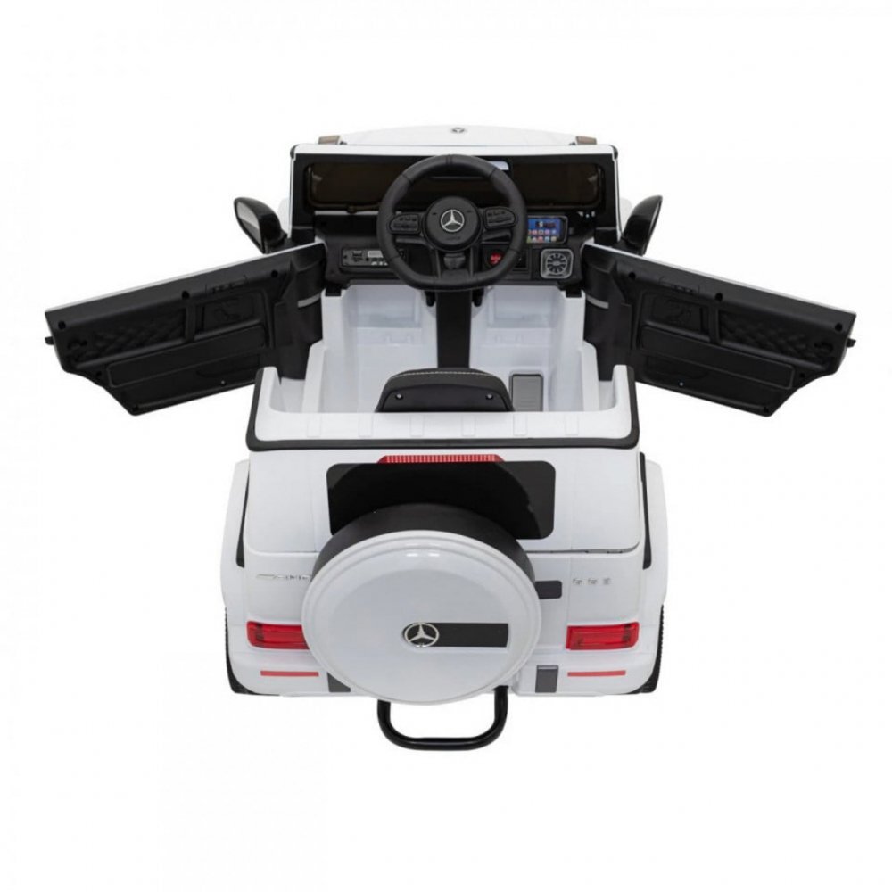 Novokids Masinuta electrica pentru copii Mercedes G63 AMG Alb roti din cauciuc Eva melodii si USB usi cu deschidere 12V 2 viteze lungime 120 cm 2 motoare de 25 W