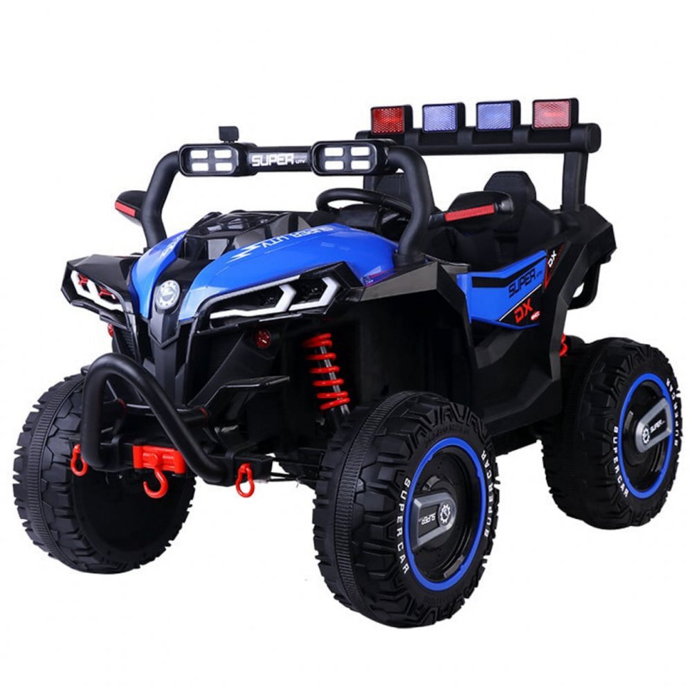 Novokids Masinuta electrica pentru copii Super Beasty Buggy UTV 2 locuri cu faruri luminoase telecomanda 3-6 ani max 30 kg 12V Mp3USB 2 viteze model Offroad albastru cu negru