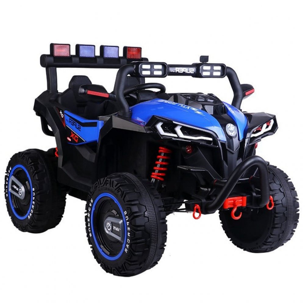 Novokids Masinuta electrica pentru copii Super Beasty Buggy UTV 2 locuri cu faruri luminoase telecomanda 3-6 ani max 30 kg 12V Mp3USB 2 viteze model Offroad albastru cu negru