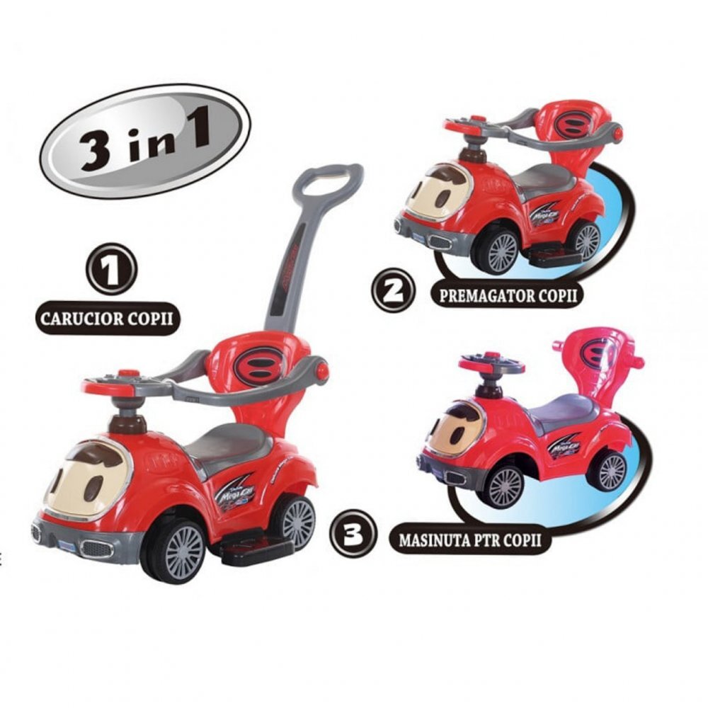 Novokids Masinuta pentru copii BabyCar Rosu cu Melodii Lumini Maner de impins pentru parinti detasabil si bara de protectie Spatiu depozitare Greutate admisa 25 kg