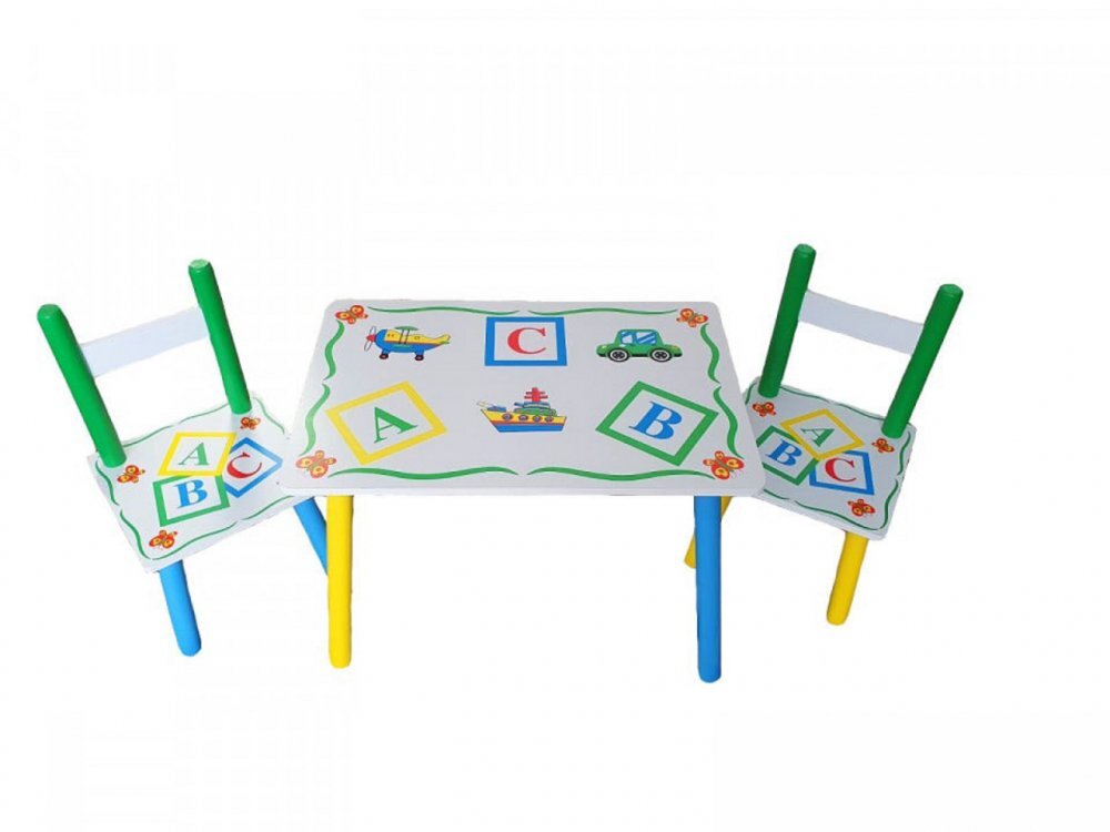 Novokids Masuta copii din MDF cu doua scaune My first table dimensiuni 59X39X40 suprafata lucioasa cu litere Alb Verde