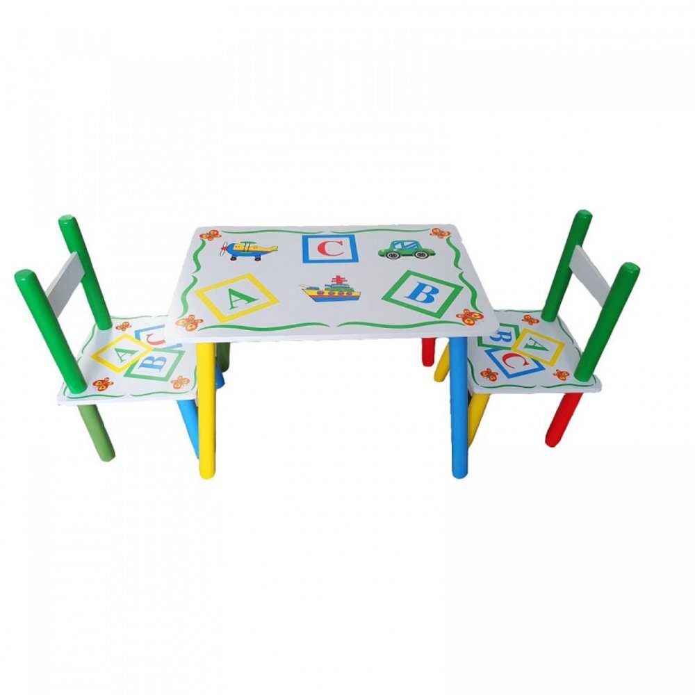 Novokids Masuta copii din MDF cu doua scaune My first table dimensiuni 59X39X40 suprafata lucioasa cu litere Alb Verde