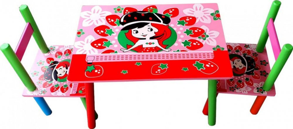 Novokids Masuta copii din MDF cu doua scaune My first table dimensiuni 59X39X40 Suprafata lucioasa Model Capsunica Rosu cu Roz